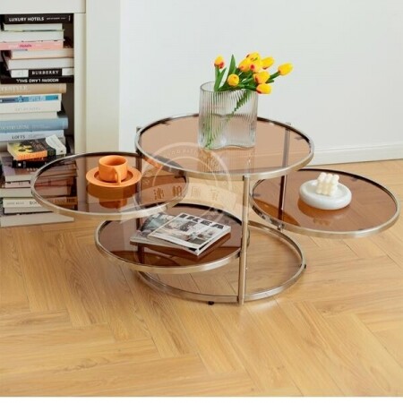 홈파티 스테인레스 유리 거실 원형 회전 디자인 테이블 가정용 투명 라운드 커피 티 테이블 사이드