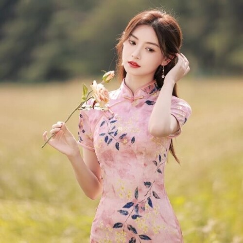 22년 최신 핑크 치파오 개선 여성 여름 촬영 소품 의상 하이 앤드 베트남 아오자이 드레스 원피스 촬영