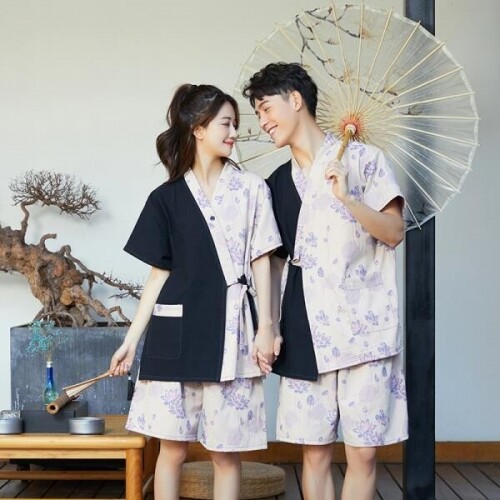 명품 일본 숯가마 찜질복 Y넥 세트 황토방 숯가마 마사지 사우나 찜질방 일본여행 커플 잠옷 목욕 가운