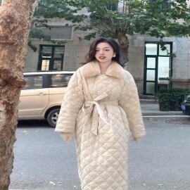SYT 프랑스 명품 가을 겨울 허리끈 롱패딩 여성 경량 야상 롱 패딩 아이보리 오버핏 점퍼 겨울 아우터 재킷