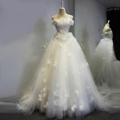 유럽 오픈숄더 럭셔리 플라워 셀프 스몰 웨딩 드레스 이벤트 의상 소품