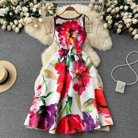 여름 비치 드레스 A 라인 플로럴 프린팅 민소매 드레스