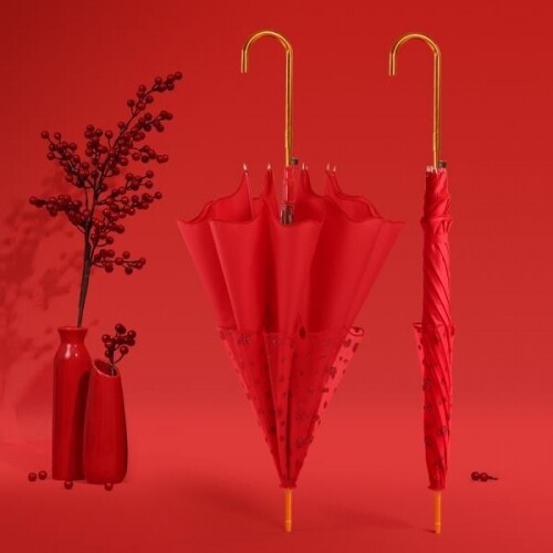 체리 레드 컬러 레이스 롱 스타일 골드 장식 우산