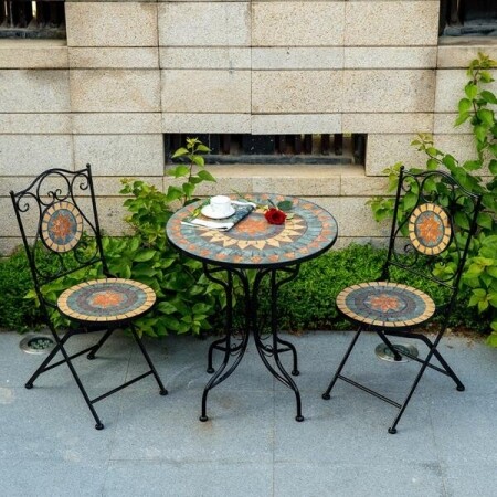 철제 테이블 세트 발코니 야외 정원 원형 모자이크 테이블 카페 감성 티 커피