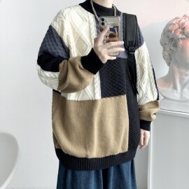 남자 겨울 유니크 사각 배색 패턴 니트 스웨터