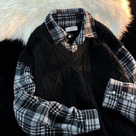 체크 셔츠 일체형 남자 여자 니트 스웨터 가을 겨울