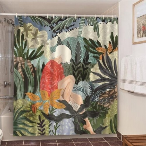 녹색 단풍 욕실 세트 샤워 커튼 흰색 머리 여자 예술
