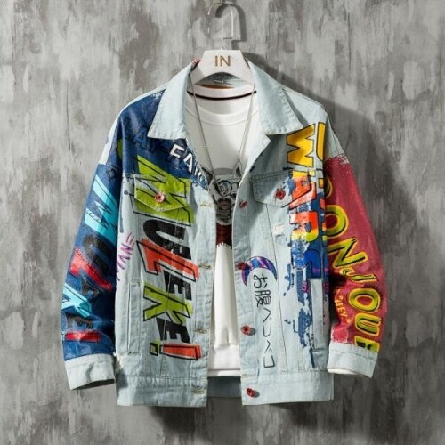 뉴 힙합 패션 프린트 청바지 재킷, 남성 코튼 캐주얼