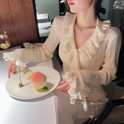 소소한 봄트럼펫 소매흰색 스웨터 여성용 v 넥 얇은 이너 니트