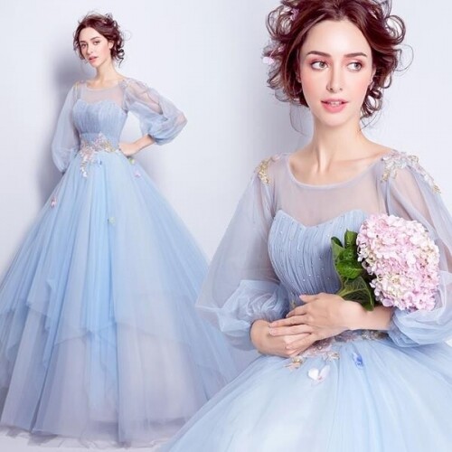 웨딩 드레스 블루 프렌치 긴팔 파티 무대의상 공연 소품